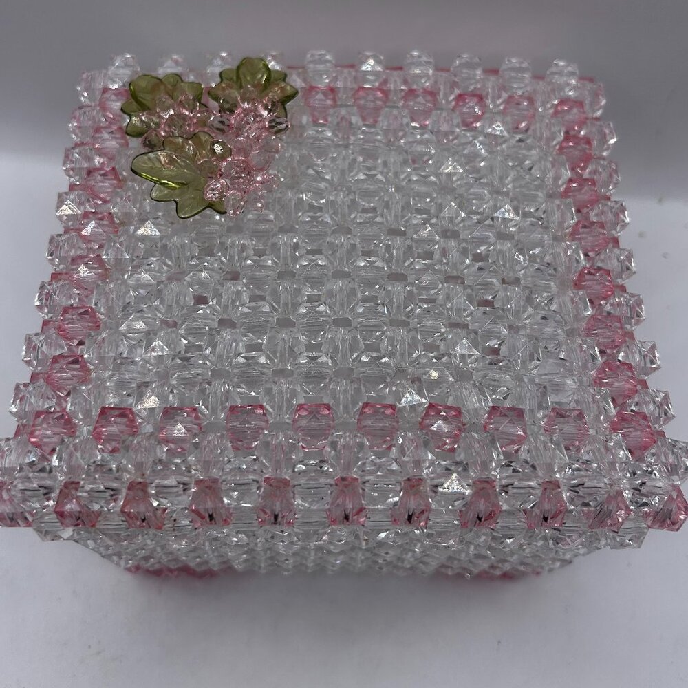 NEW White & Pink Faceted Clear Acrylic Beads Jewelry Box